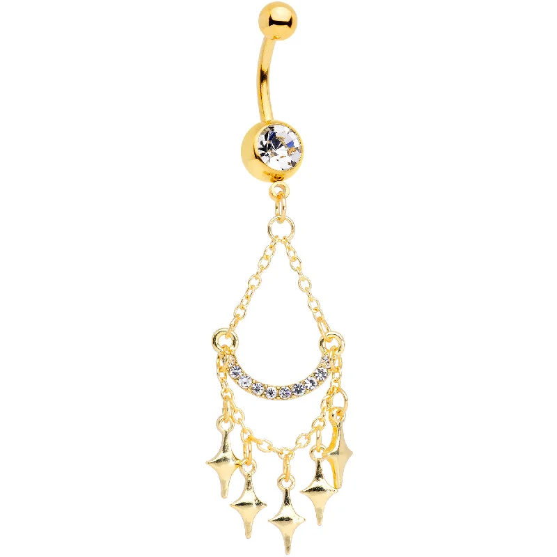 Trendy Belly Rings with Colorful Accents -Clear Gem Gold Tone Double Drama Chandelier Dangle Belly Ring Trendy Belly Rings with Colorful Accents -Clear Gem Gold Tone Double Drama Chandelier Dangle Belly Ring