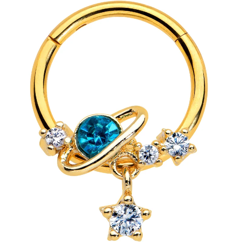 Designer Nose Rings for Unique Look -16 Gauge 3/8 Clear CZ Gem Gold Hue Blue Saturn Star Hinged Segment Ring Designer Nose Rings for Unique Look -16 Gauge 3/8 Clear CZ Gem Gold Hue Blue Saturn Star Hinged Segment Ring