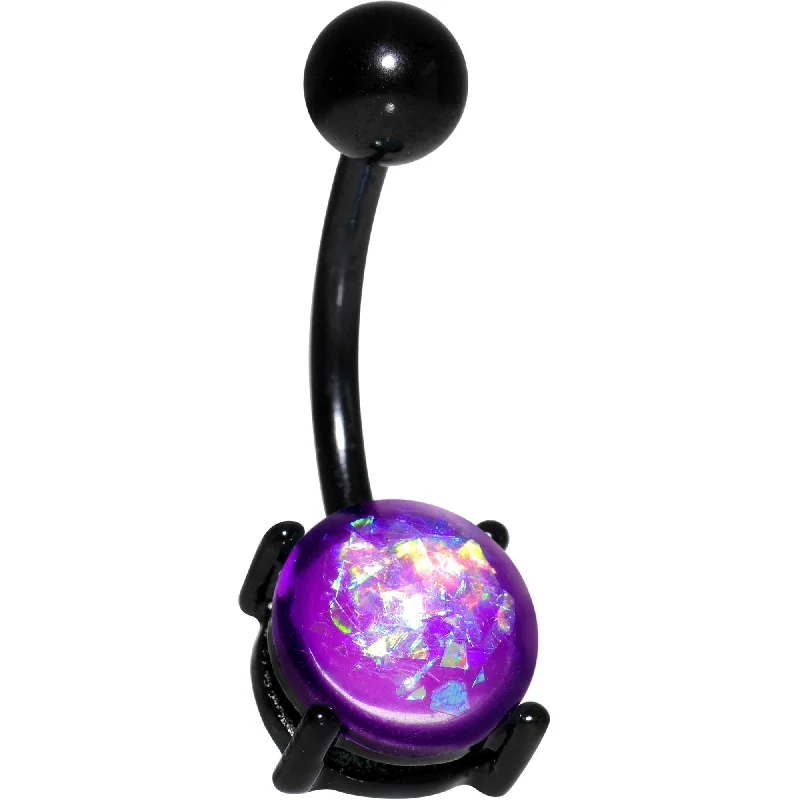 Designer Belly Rings with Polished Design -Purple Faux Opal Black Anodized Belly Ring Designer Belly Rings with Polished Design -Purple Faux Opal Black Anodized Belly Ring