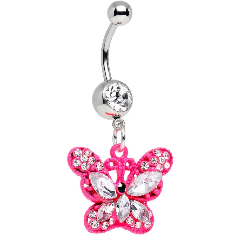 Belly Rings with Unique Stone Patterns -Clear Gem Passionately Pink Butterfly Dangle Belly Ring Belly Rings with Unique Stone Patterns -Clear Gem Passionately Pink Butterfly Dangle Belly Ring