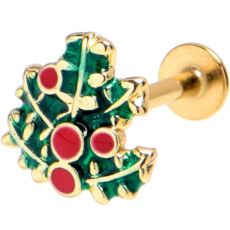 Comfortable Lip Rings for Long Wear16 Gauge 1/4 Gold Tone Festive Holly Sprig Labret Tragus
