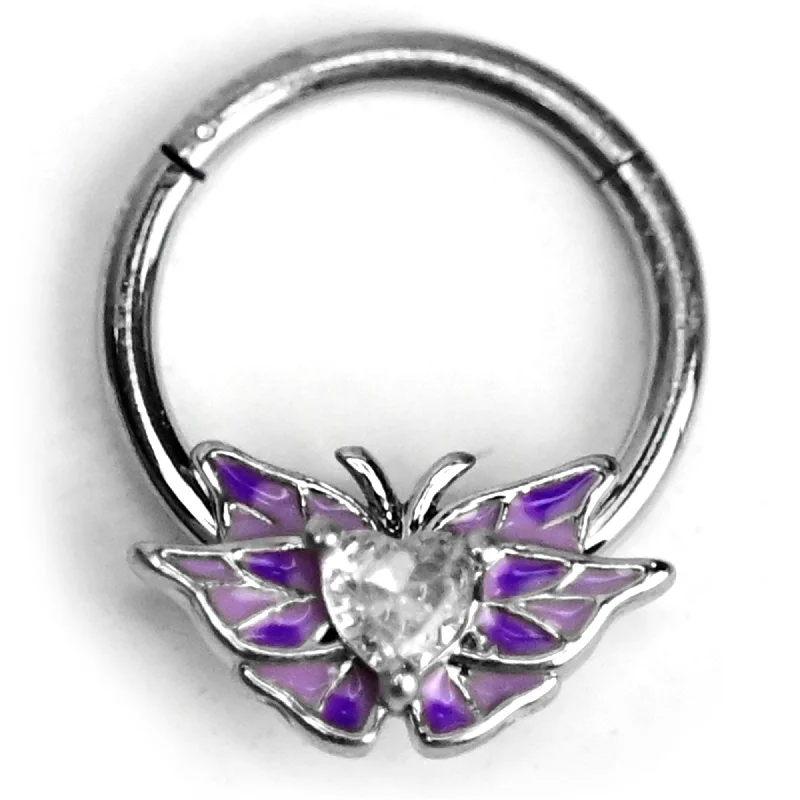 Trendy Nose Rings for Fashion Forward Women -16 Gauge 3/8 Clear Gem Heart Butterfly Purple Hinged Segment Ring Trendy Nose Rings for Fashion Forward Women -16 Gauge 3/8 Clear Gem Heart Butterfly Purple Hinged Segment Ring