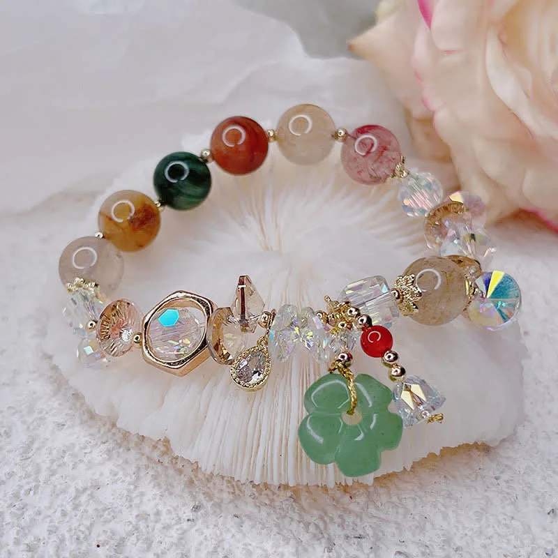 Round Bangle Bracelets for Women-Buddha Stones Colorful Gemstone Green Aventurine Flower Bead Luck Bracelet