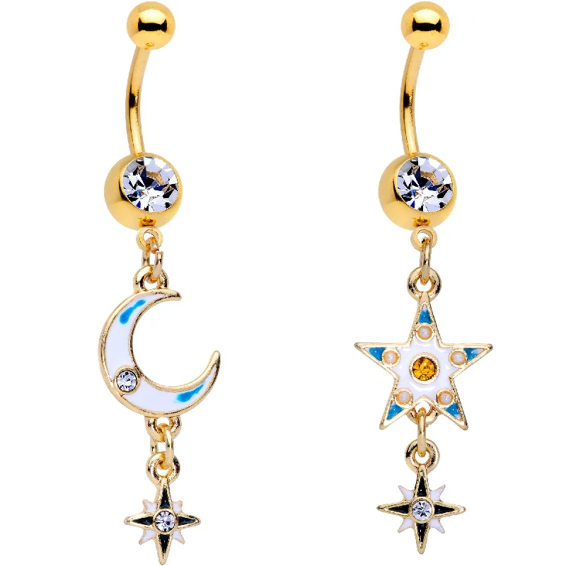 Trendy Belly Rings with Unique Features -Clear Gem Gold PVD White Moon Star Dangle Belly Ring Set of 2 Trendy Belly Rings with Unique Features -Clear Gem Gold PVD White Moon Star Dangle Belly Ring Set of 2