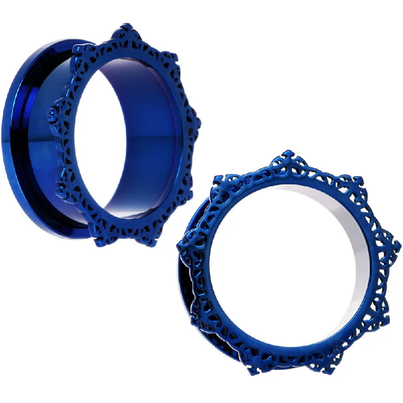 Women's Earrings – Elegant Designs for Every Personality--25mm Blue PVD Filigree Frame Screw Fit Tunnel Plug Set Women's Earrings – Elegant Designs for Every Personality--25mm Blue PVD Filigree Frame Screw Fit Tunnel Plug Set