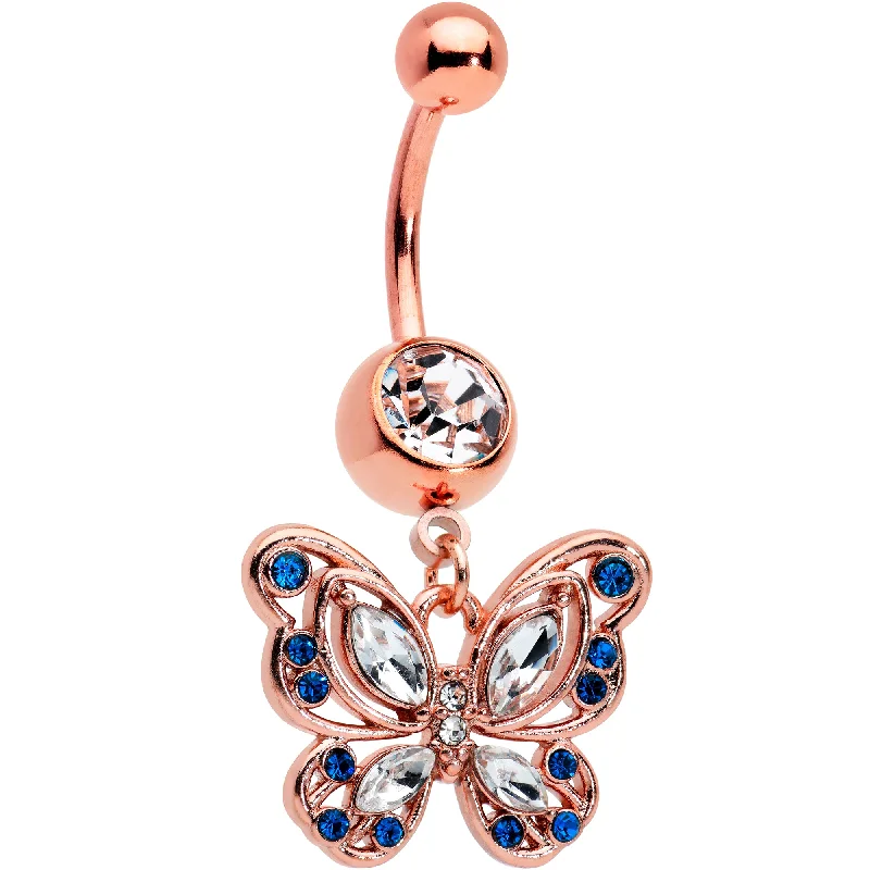 Stunning Belly Rings for Glamorous Fashion -Blue Clear Gem Rose Gold Tone Butterfly Wings Dangle Belly Ring Stunning Belly Rings for Glamorous Fashion -Blue Clear Gem Rose Gold Tone Butterfly Wings Dangle Belly Ring
