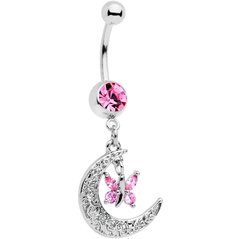 Belly Rings with Vibrant Colors for Bold Style -Pink Gem Crescent Moon Butterfly Dangle Belly Ring Belly Rings with Vibrant Colors for Bold Style -Pink Gem Crescent Moon Butterfly Dangle Belly Ring