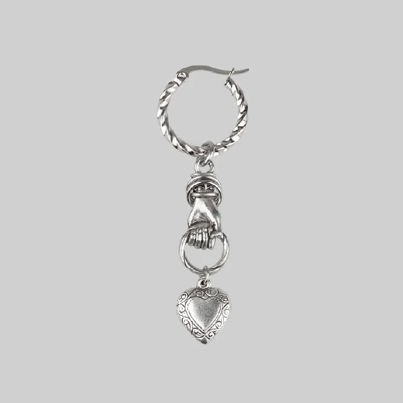 Women's Earrings – Elegant Designs for Every Personality--ALL OF ME. Hand Grasping Heart Earrings - Silver