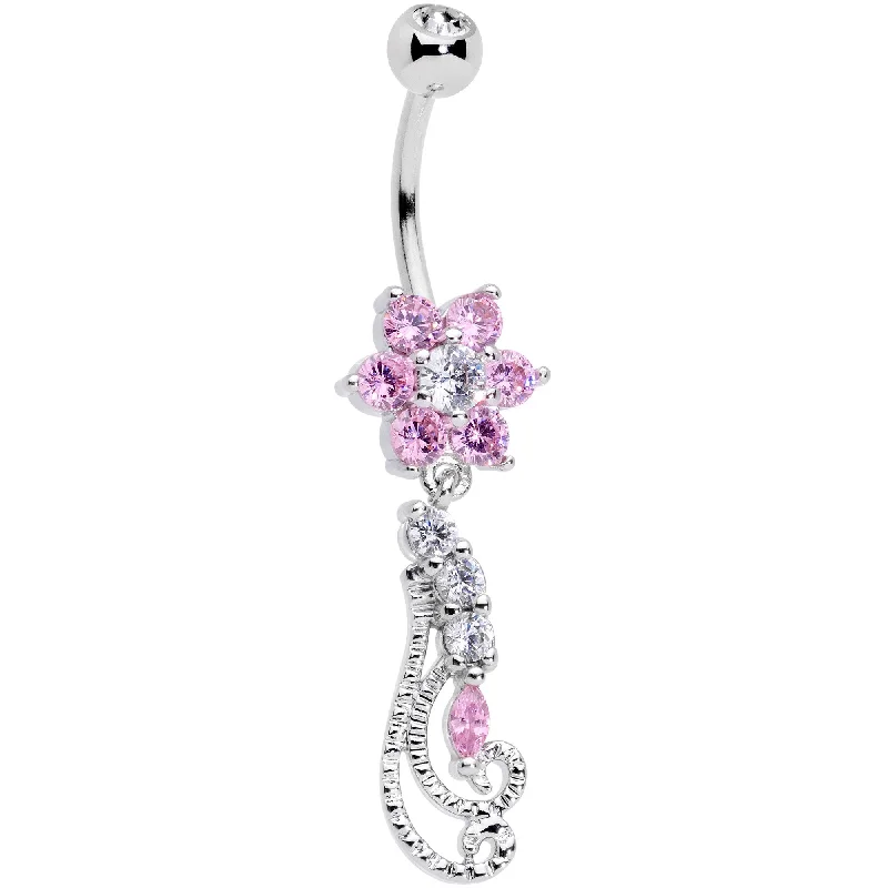 Designer Belly Rings with Timeless Appeal -Clear Pink CZ Gem Floral Flourish Dangle Belly Ring Designer Belly Rings with Timeless Appeal -Clear Pink CZ Gem Floral Flourish Dangle Belly Ring