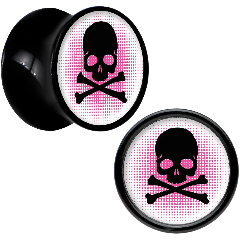 Women's Earrings – Elegant Designs for Every Personality--Black Acrylic Pink Black Skull Saddle Plug Set 00 Gauge