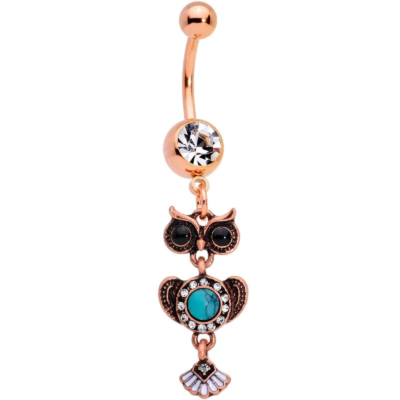 Comfortable Belly Rings for Sensitive Piercings -Faux Turquoise Rose Gold Tone Southwestern Wise Owl Dangle Belly Ring Comfortable Belly Rings for Sensitive Piercings -Faux Turquoise Rose Gold Tone Southwestern Wise Owl Dangle Belly Ring
