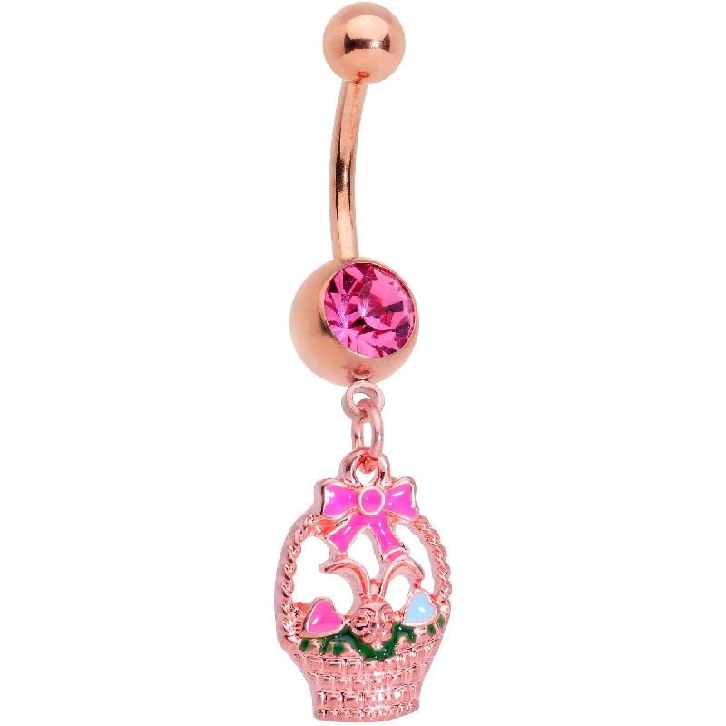 Classic Belly Rings with Simple Appeal -Pink Gem Rose Gold Tone Easter Basket Dangle Belly Ring Classic Belly Rings with Simple Appeal -Pink Gem Rose Gold Tone Easter Basket Dangle Belly Ring