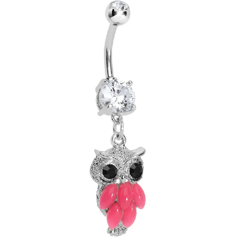 Unique Belly Rings for Statement Fashion -Crystalline Gem Pink Neon Owl Dangle Belly Ring Unique Belly Rings for Statement Fashion -Crystalline Gem Pink Neon Owl Dangle Belly Ring