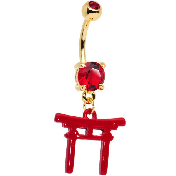 Comfortable Belly Rings with Sleek Finish -Red CZ Gem Gold PVD Red Japanese Gate Dangle Belly Ring Comfortable Belly Rings with Sleek Finish -Red CZ Gem Gold PVD Red Japanese Gate Dangle Belly Ring