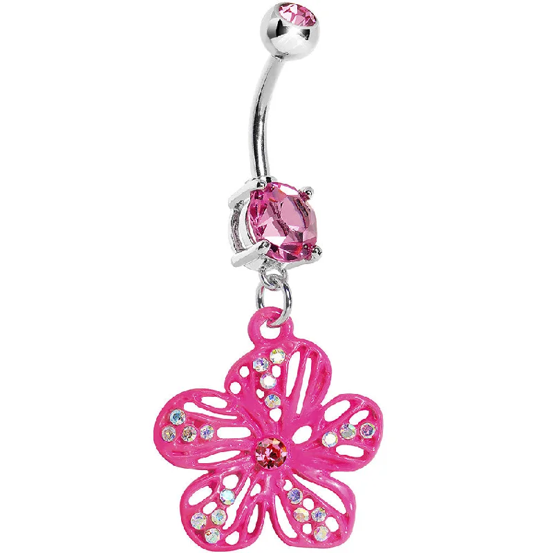 Unique Belly Rings with Creative Designs -Pink Gem Aurora Hibiscus Flower Belly Ring Unique Belly Rings with Creative Designs -Pink Gem Aurora Hibiscus Flower Belly Ring