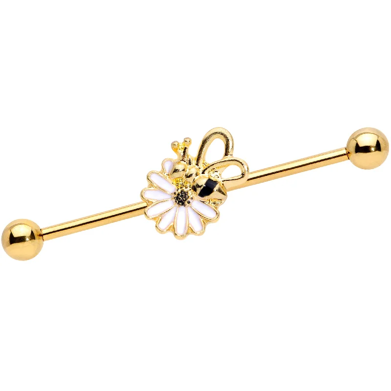 Women's Earrings – Elegant Designs for Every Personality--14 Gauge Gold Tone Loopy Wings Bee Flower Industrial Barbell 38mm