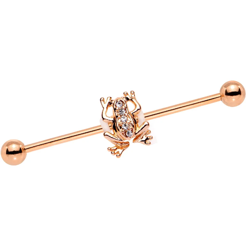 Women's Earrings – Elegant Designs for Every Personality--Clear Gem Rose Gold PVD Friendly Froggy Industrial Barbell 38mm Women's Earrings – Elegant Designs for Every Personality--Clear Gem Rose Gold PVD Friendly Froggy Industrial Barbell 38mm
