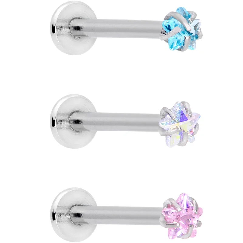 Beautiful Lip Rings with Polished Accents16 Gauge 3/8 Clear Pink Blue Star CZ Gem Labret Tragus Set of 3