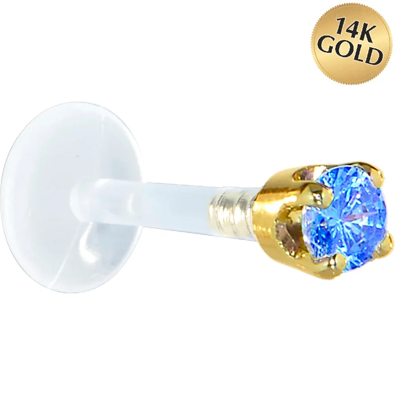 Women's Earrings – Elegant Designs for Every Personality--16 Gauge 5/16 Solid 14KT Yellow Gold 3mm Arctic Blue Cubic Zirconia Bioplast Tragus Earring Stud