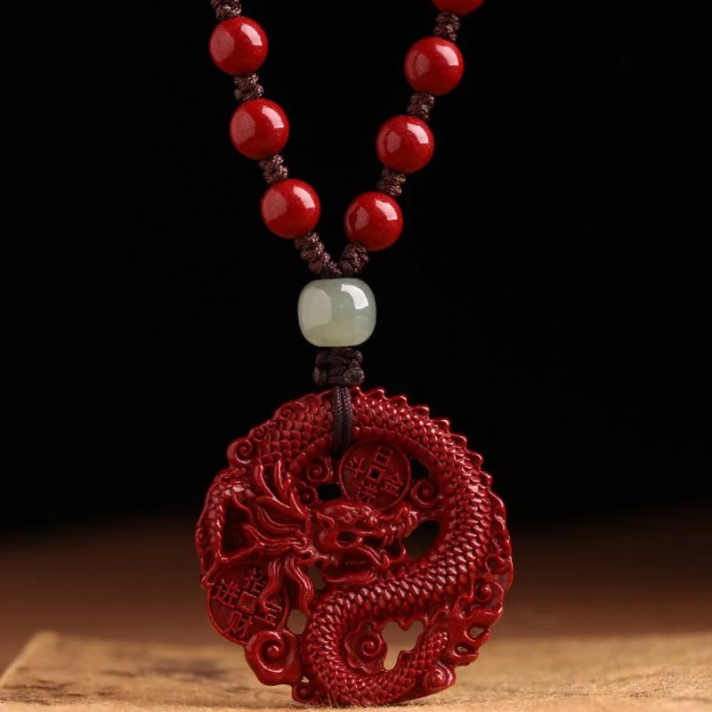 Shop Classic Women's  Necklaces & Pendants with a Modern Twist-Buddha Stones Year Of The Dragon Natural Cinnabar Hetian Jade Bead Copper Coin Attract Wealth Strength Necklace Pendant