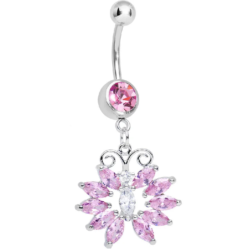 Classic Silver Belly Rings for Sleek Fashion -Pink Cubic Zirconia Queen of Spring Butterfly Dangle Belly Ring Classic Silver Belly Rings for Sleek Fashion -Pink Cubic Zirconia Queen of Spring Butterfly Dangle Belly Ring