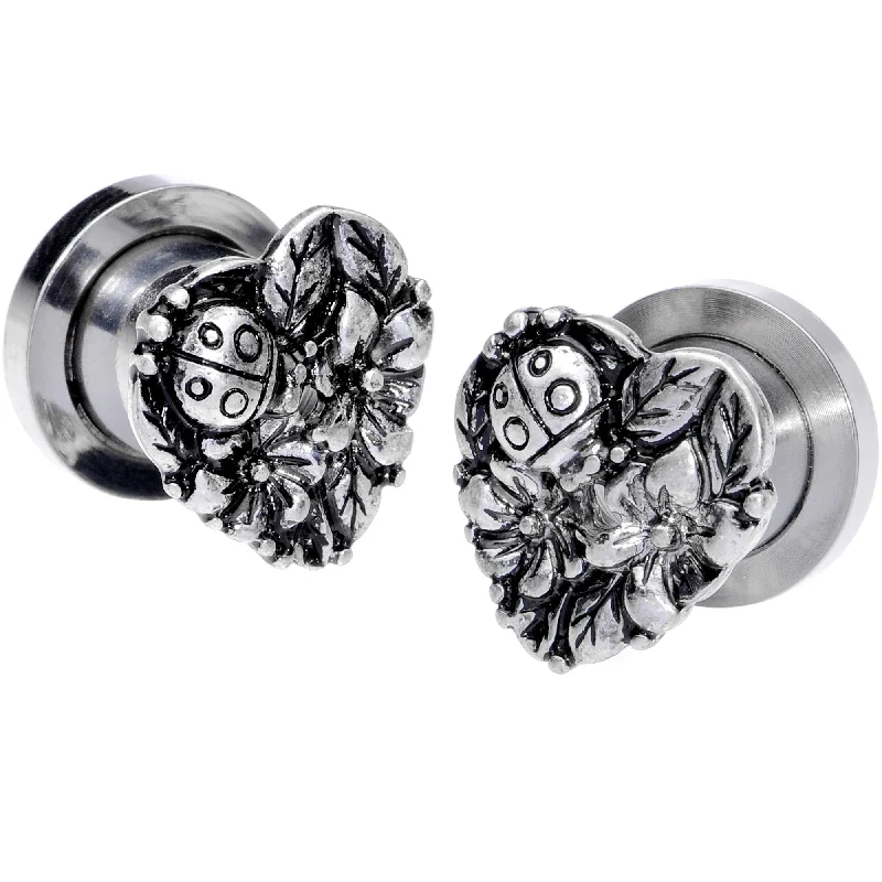 Women's Earrings – Elegant Designs for Every Personality--Ladybug Heart Screw Fit Tunnel Plug Set 6mm to 16mm