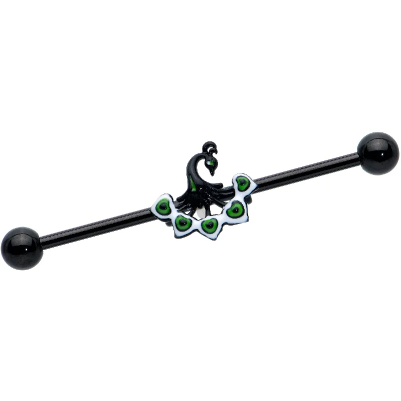 Women's Earrings – Elegant Designs for Every Personality--14 Gauge Black Green Pretty Peacock Industrial Barbell 38mm