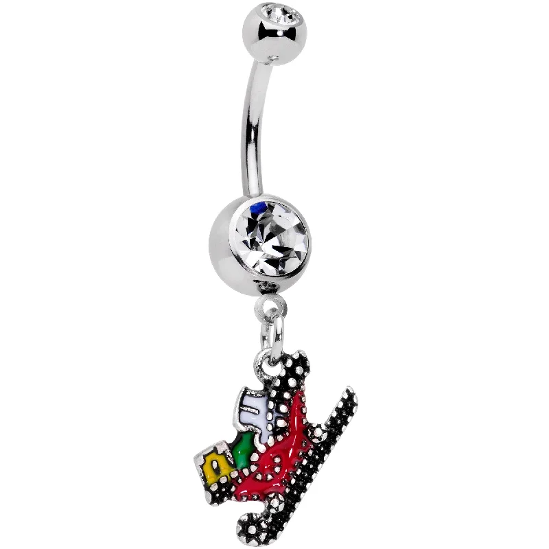 Trendy Belly Rings for Unique Fashion -Clear Gem Happy Holidays Santas Sleigh Dangle Belly Ring