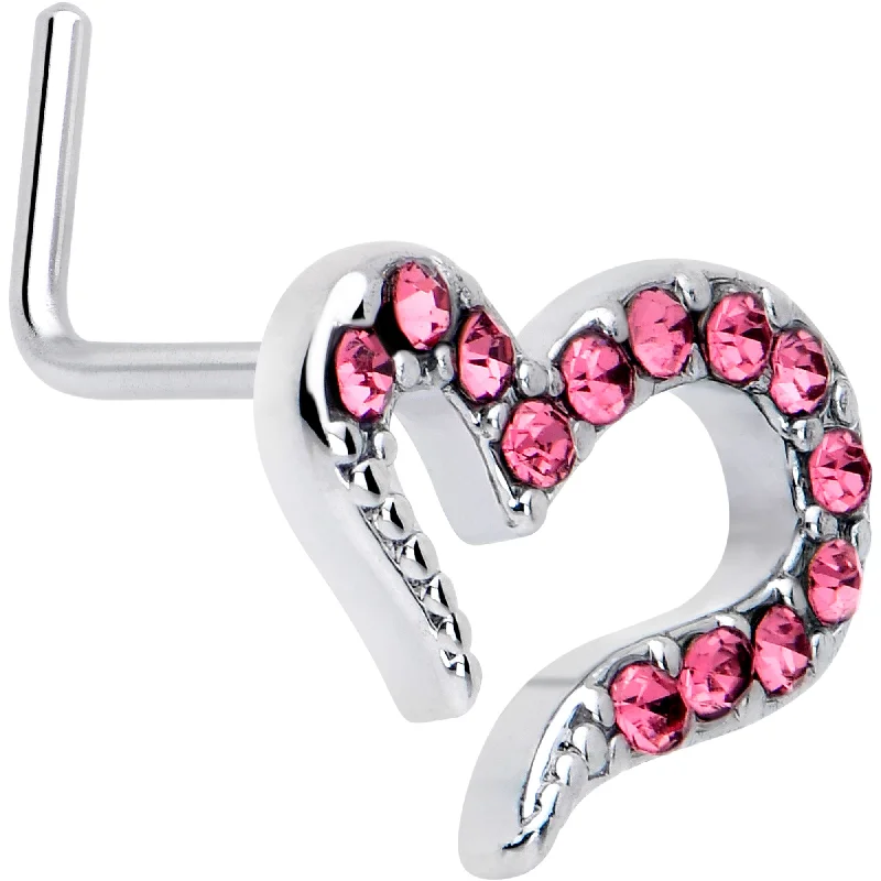 Fashion Nose Rings -20 Gauge 7mm Pink Gem Stylized Heart L Shape Nose Ring