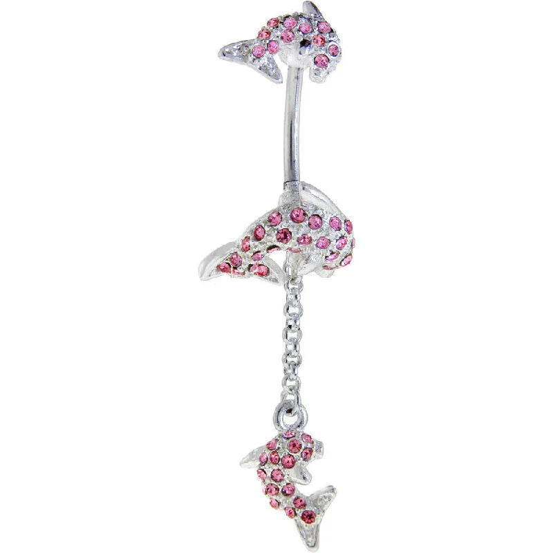Belly Rings with Exotic Designs -DAZZLING Dolphin TRILOGY Pink Gem Dangle Belly Ring Belly Rings with Exotic Designs -DAZZLING Dolphin TRILOGY Pink Gem Dangle Belly Ring