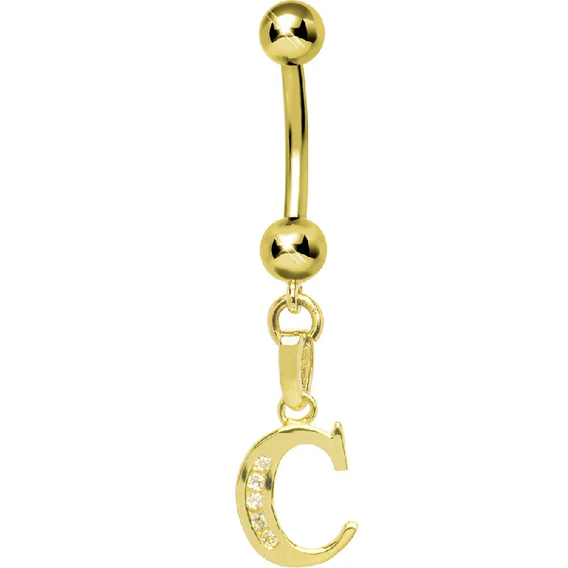 Simple Belly Rings with Elegant Accents -16 Gauge Solid 14kt Yellow Gold CZ Initial C Belly Ring Simple Belly Rings with Elegant Accents -16 Gauge Solid 14kt Yellow Gold CZ Initial C Belly Ring