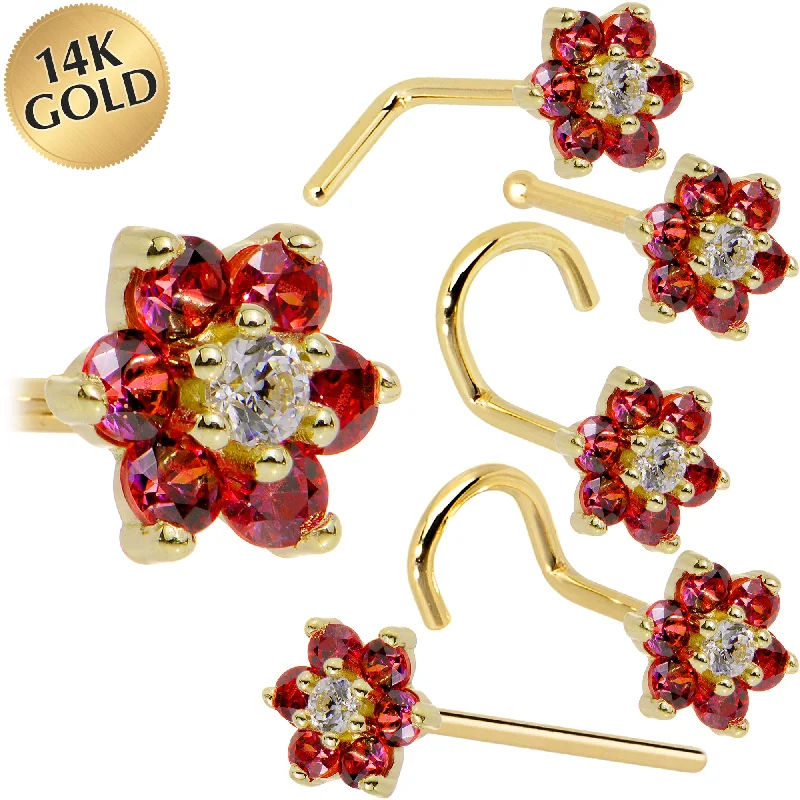 Classic and Chic Nose Rings -Solid 14KT Yellow Gold Red and Clear Cubic Zirconia Flower Nose Ring Classic and Chic Nose Rings -Solid 14KT Yellow Gold Red and Clear Cubic Zirconia Flower Nose Ring