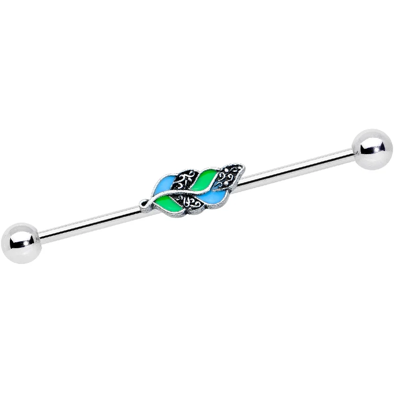 Women's Earrings – Elegant Designs for Every Personality--14 Gauge Filigree Blue Green Leaves Industrial Barbell 38mm Women's Earrings – Elegant Designs for Every Personality--14 Gauge Filigree Blue Green Leaves Industrial Barbell 38mm