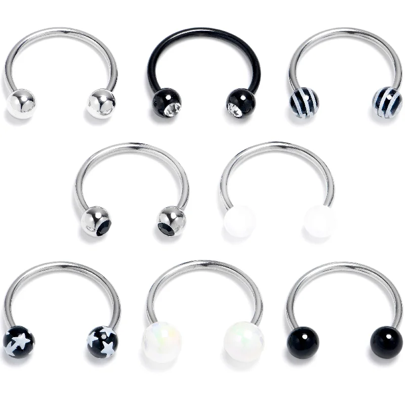 Nose Rings with Blue Sapphire -16 Gauge 3/8 Pattern Black White Horseshoe Circular Barbell Set of 8 Nose Rings with Blue Sapphire -16 Gauge 3/8 Pattern Black White Horseshoe Circular Barbell Set of 8