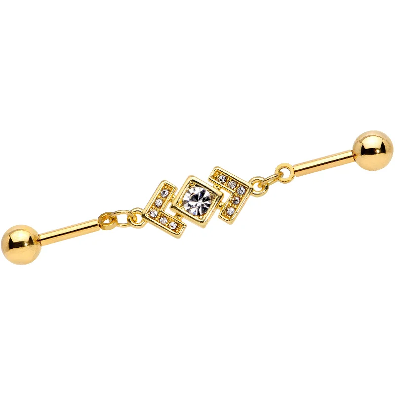 Women's Earrings – Elegant Designs for Every Personality--14 Gauge Clear Gem Gold Tone Geometric Dangle Industrial Barbell 38mm