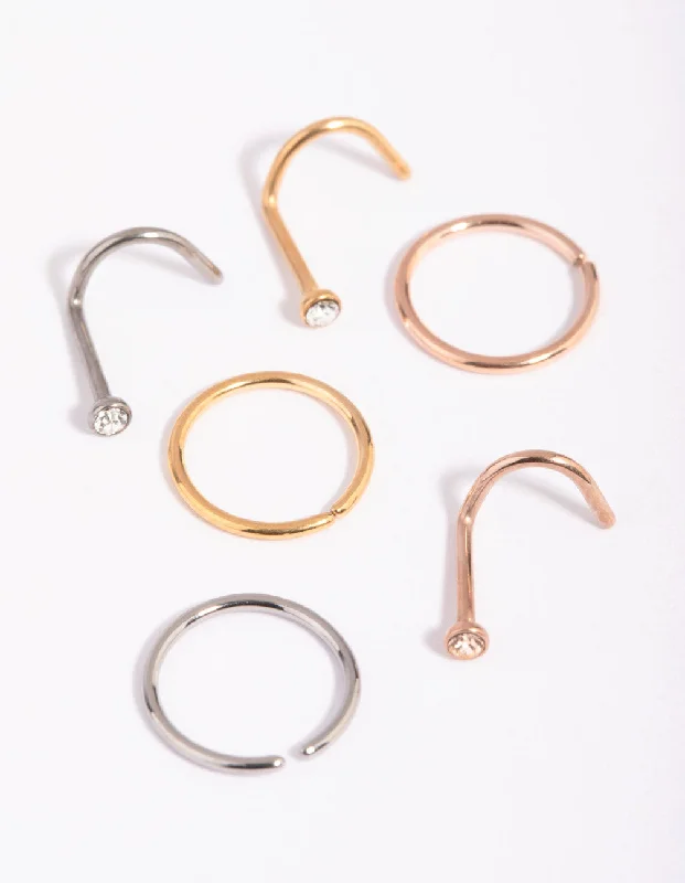 Stunning Nose Rings with Gems -Titanium Nose Stud 6-Pack