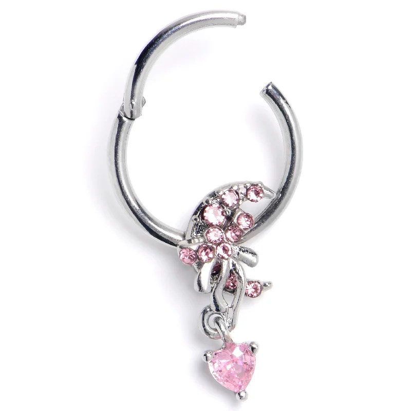 Women's Earrings – Elegant Designs for Every Personality--16 Gauge Pink CZ Gem Moon Bow Heart Dangle Hinged Segment Ring
