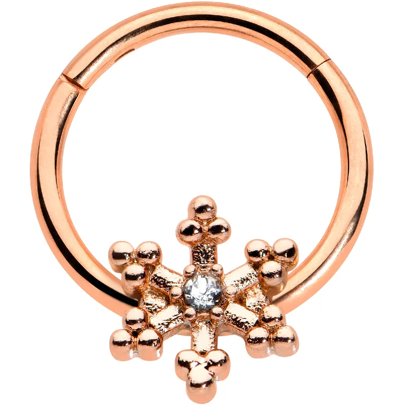 Twist Nose Rings -16 Gauge 3/8 Clear Gem Rose Gold Tone Snowflake Hinged Segment Ring Twist Nose Rings -16 Gauge 3/8 Clear Gem Rose Gold Tone Snowflake Hinged Segment Ring