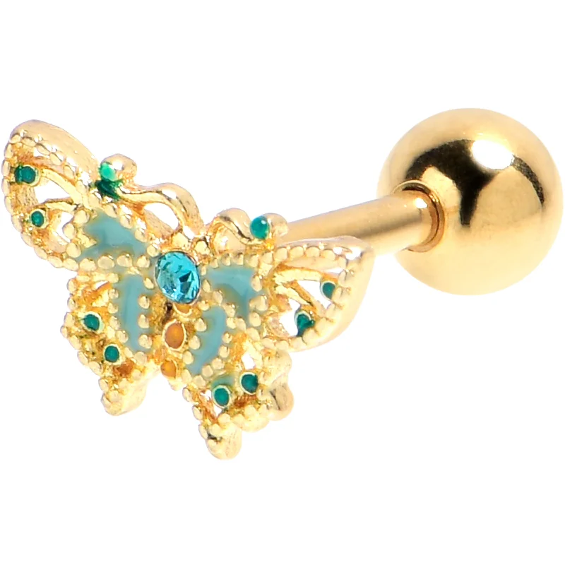 Women's Earrings – Elegant Designs for Every Personality--16 Gauge 1/4 Blue Gem Gold Tone Ribbon Butterfly Cartilage Earring