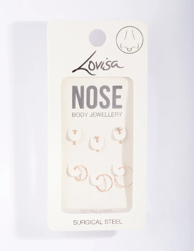 Stylish Nose Rings for Pierced Ears -Rose Gold Surgical Steel Nose Jewellery 6-Pack