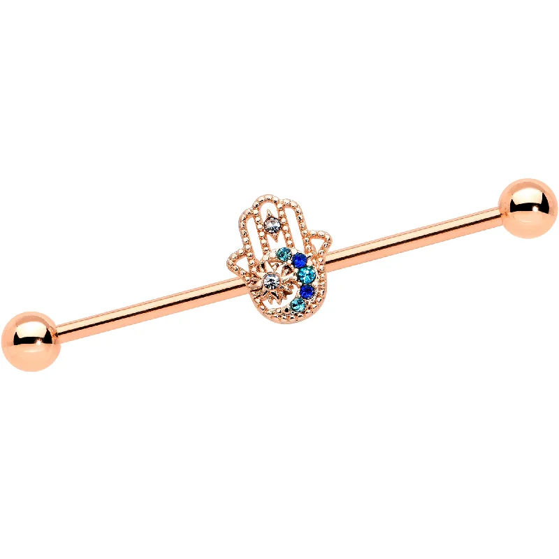 Women's Earrings – Elegant Designs for Every Personality--14 Gauge Blue Gem Rose Gold Hue Texture Hamsa Industrial Barbell 38mm Women's Earrings – Elegant Designs for Every Personality--14 Gauge Blue Gem Rose Gold Hue Texture Hamsa Industrial Barbell 38mm