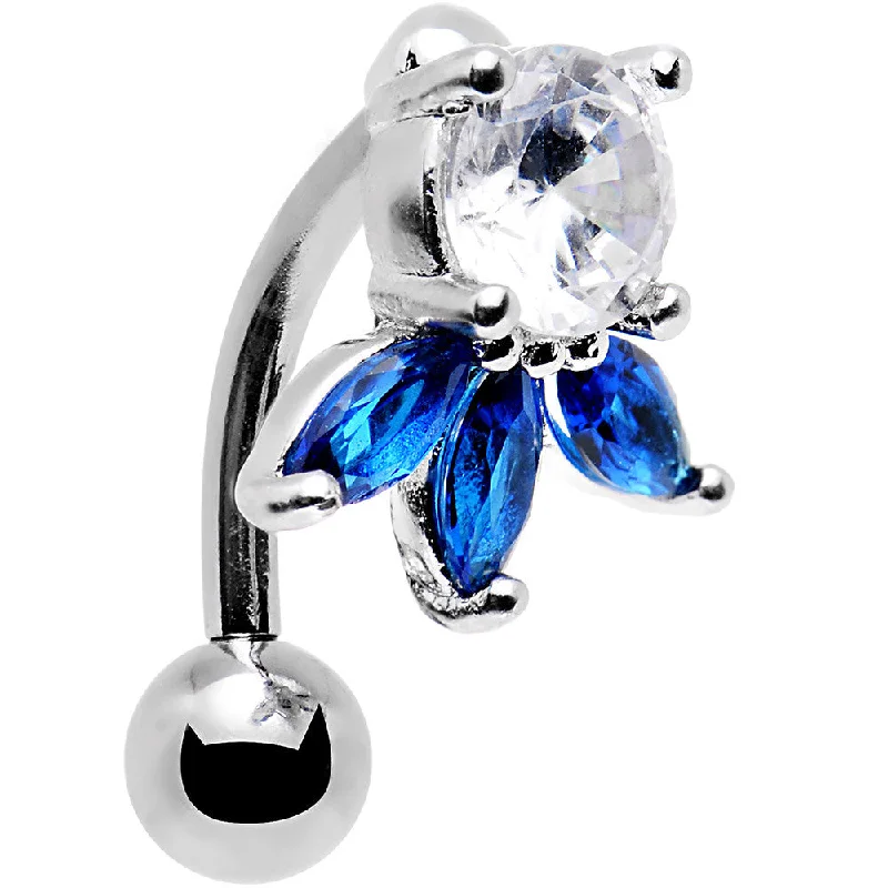 Comfortable Belly Rings for Glamorous Style -Clear Blue Gem Flip Flower Reversible Top Mount Belly Ring