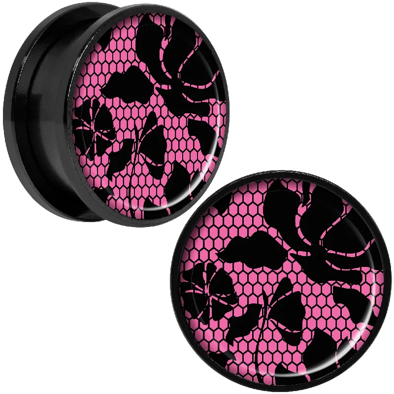 Women's Earrings – Elegant Designs for Every Personality--Pink Floral Lace Black Anodized Screw Fit Plug Set 20mm Women's Earrings – Elegant Designs for Every Personality--Pink Floral Lace Black Anodized Screw Fit Plug Set 20mm