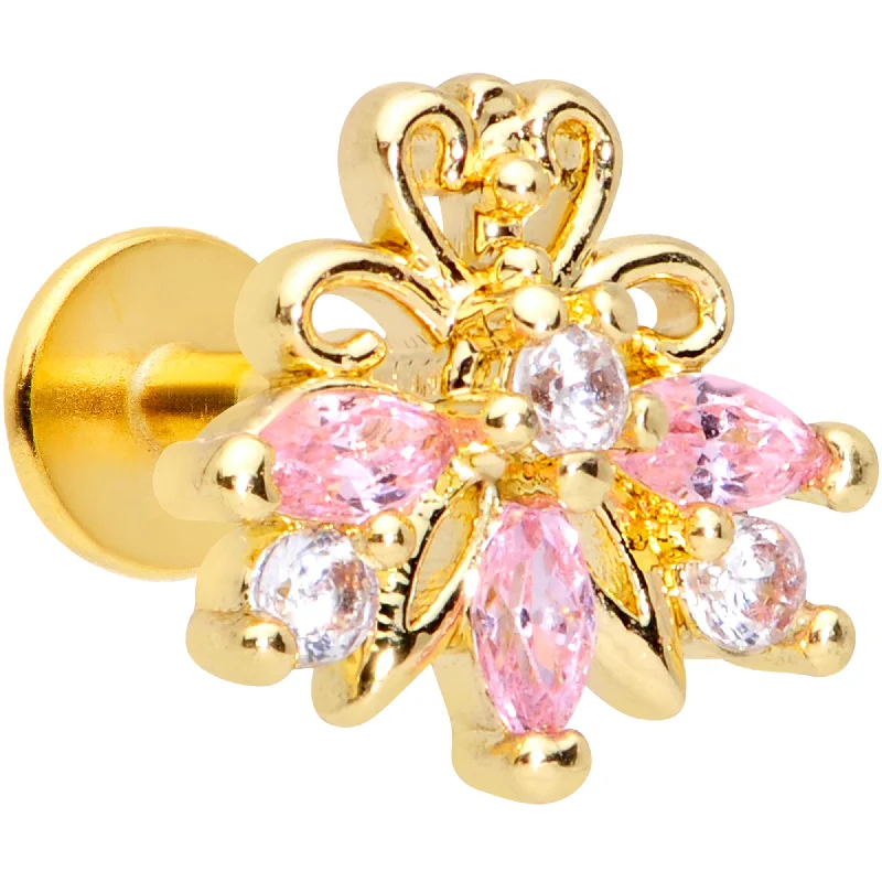 Lip Rings with Vintage Charm16 Gauge 1/4 Clear Pink CZ Gem Gold Tone Looping Labret Monroe Tragus