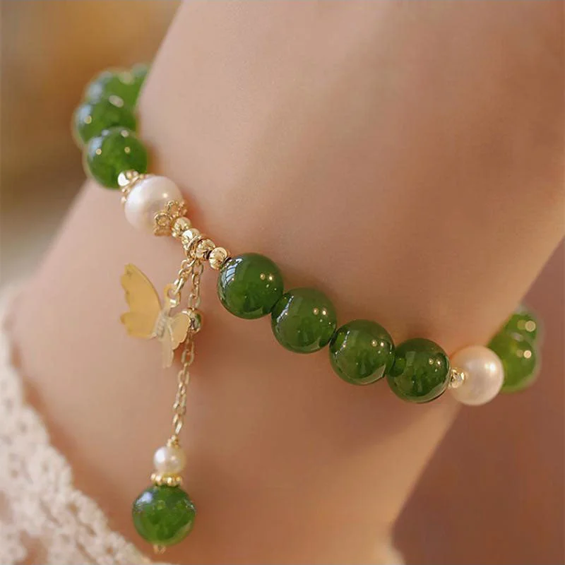 Women's Bangles for Everyday Wear-Buddha Stones Natural Green Chalcedony Pearl Butterfly Courage Strength Bracelet Women's Bangles for Everyday Wear-Buddha Stones Natural Green Chalcedony Pearl Butterfly Courage Strength Bracelet