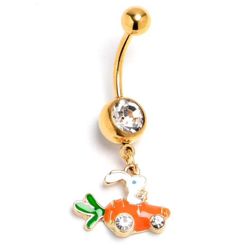 Designer Belly Rings for Fashion-Forward Women -Clear Gem Gold Tone Rabbit Carrot Car Dangle Belly Ring Designer Belly Rings for Fashion-Forward Women -Clear Gem Gold Tone Rabbit Carrot Car Dangle Belly Ring