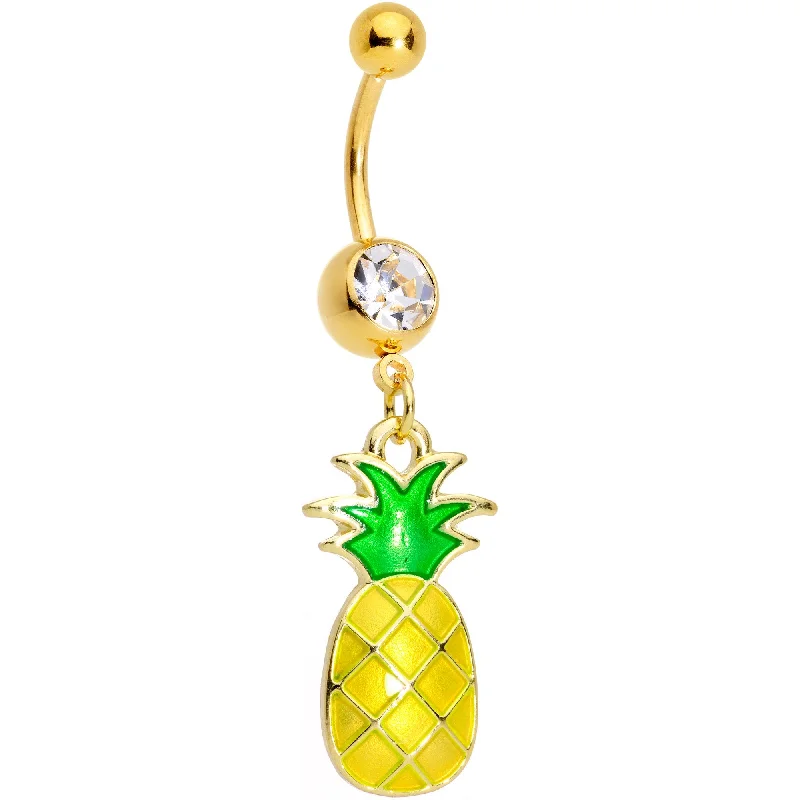 Designer Belly Rings for Fashion-Forward Women -Clear Gem Gold Tone Pineapple Dangle Belly Ring Designer Belly Rings for Fashion-Forward Women -Clear Gem Gold Tone Pineapple Dangle Belly Ring