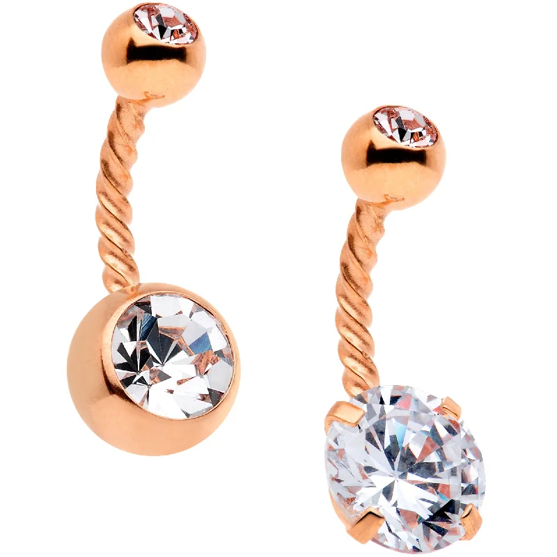 Comfortable Belly Rings for Everyday Wear -Clear Gem Rose Gold Tone Totally Twisted Belly Ring Set of 2 Comfortable Belly Rings for Everyday Wear -Clear Gem Rose Gold Tone Totally Twisted Belly Ring Set of 2