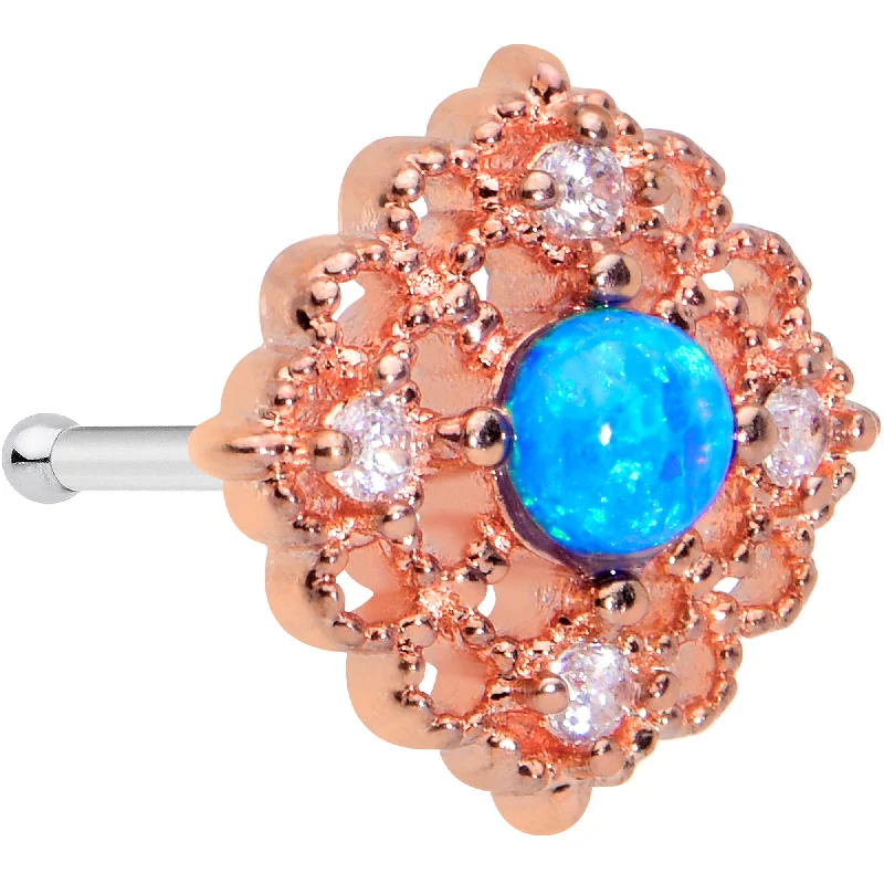 Rose Gold Nose Rings -20 Gauge 5/16 Blue Synthetic Opal Lacy Rosy Tone Nose Bone