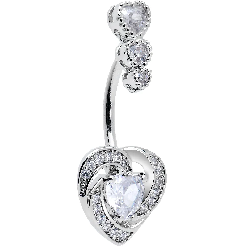 Comfortable Belly Rings for Fashion-Loving Women -Clear CZ Gem Triple Drop Swirl Heart Valentine Double Mount Belly Ring